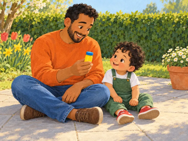 Jip en Papa zitten op het terras. Papa houdt een dicht geel potje vast.