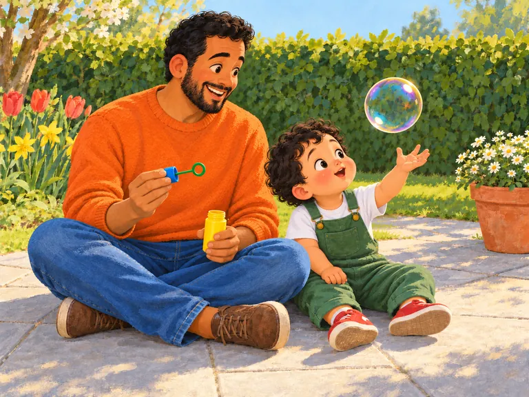 Een grote zeepbel zweeft boven Jips uitgestoken hand. Papa kijkt mee.