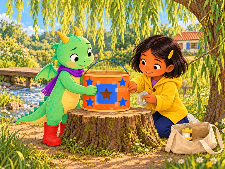 Riff houdt de blauwe lap tegen de lampion. Cato plakt de randen vast met doorzichtig plakband.