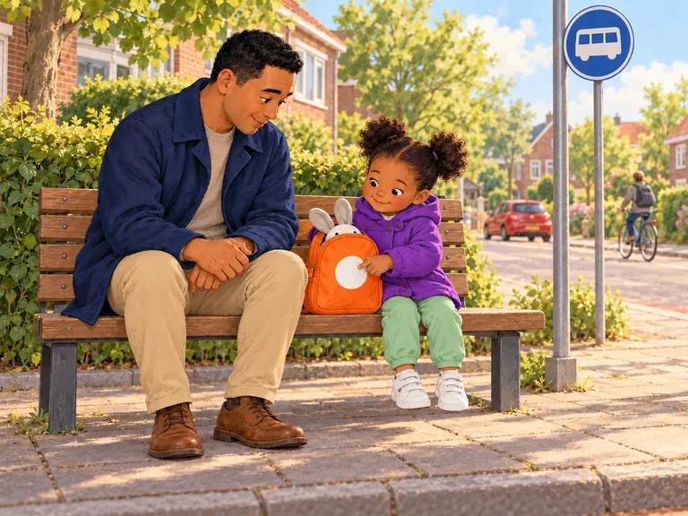 Papa en Lina zitten op een haltebankje. De rugzak staat tussen hen in.