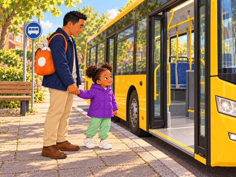 Een gele bus staat stil bij de halte met open deuren. Papa houdt Lina’s hand vast.