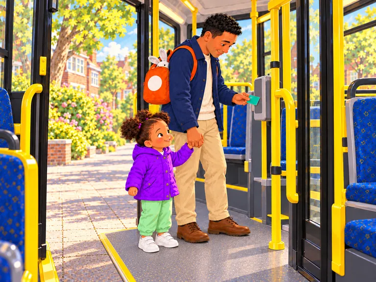 Papa en Lina staan bij de open busdeur. Papa houdt haar hand vast; in zijn andere hand zit de kaart.