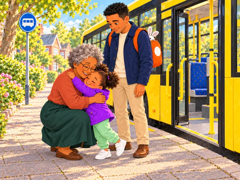 Lina knuffelt Oma op de brede stoep. Papa staat er vlak naast.