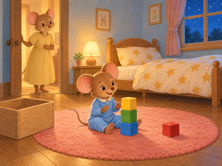 Muis zit op de mat bij een toren van drie blokken. Een rood blok ligt ernaast.