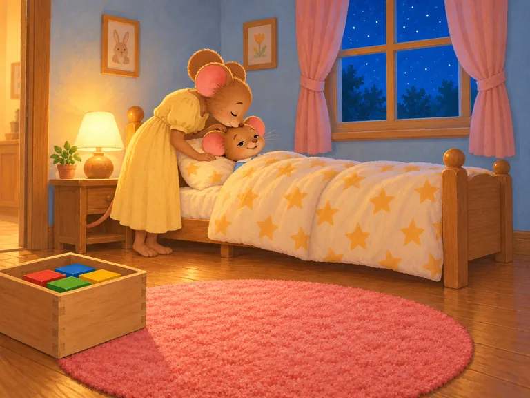 Mama geeft Muis een kus. Zijn neus steekt boven de deken uit.