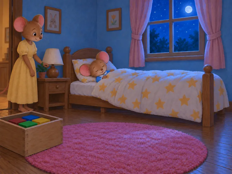 Muis ligt met gesloten ogen onder de sterrendeken. Mama staat bij de lamp, die uit is.