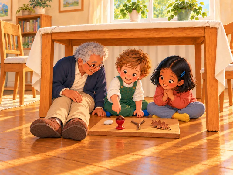 Opa zit voor de open kant van de tafel. Zijn benen steken naar buiten. De kinderen zitten bij hun museumplank.