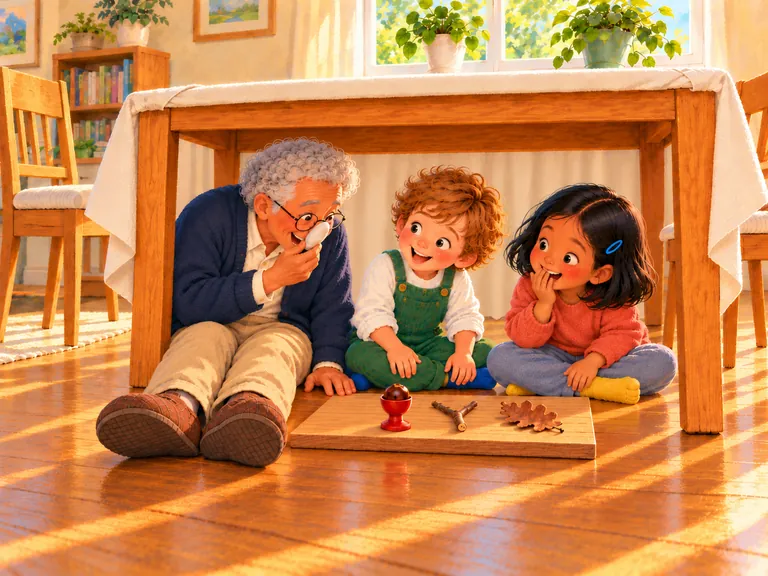 Opa houdt de witte kiezel tegen zijn neus. Mats en Tess lachen bij de plank met hun vondsten.