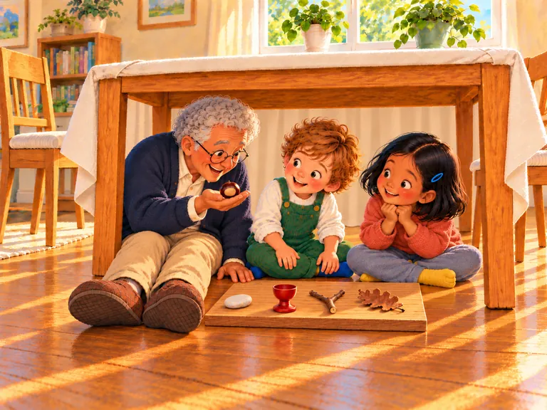 Opa bekijkt het lichte plekje van de kastanje op zijn hand. De rode eierdop op de plank is even leeg.
