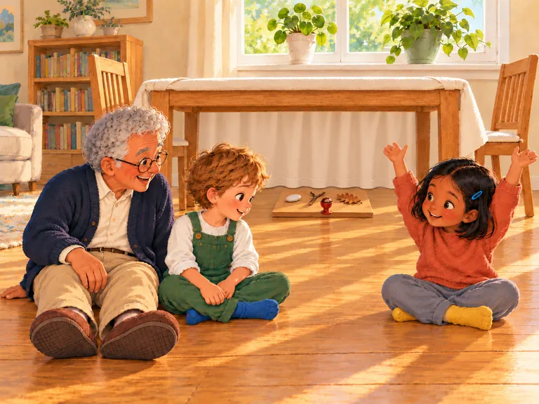 Mats, Tess en Opa zitten buiten de open tafelruimte. De kastanje blijft in de rode eierdop bij de drie andere vondsten.