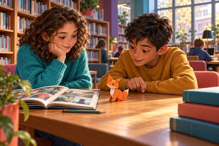 Noor en Mo bekijken de kleine papieren vos aan de leestafel