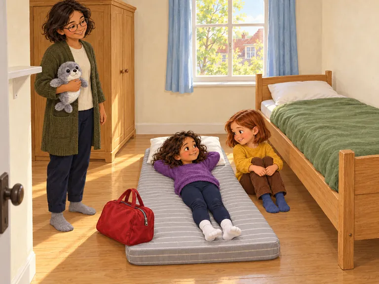 Noor kijkt van haar lage matras naar Mila’s hoge bed. Mila zit ernaast en Roos luistert.
