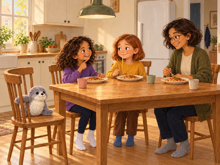 Noor en Mila eten pasta met Roos. Zeehond zit op de lege stoel naast Noor.
