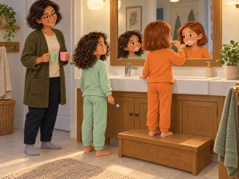 Mila staat op het opstapje bij de wastafel. Noor staat naast haar; beiden hebben hun pyjama aan.