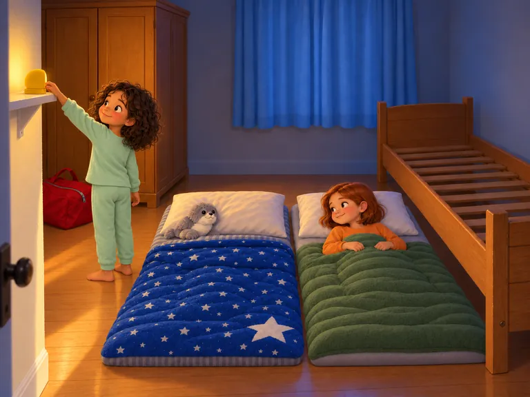 Noor draait het lampje naar de muur. Mila kijkt vanaf haar kussen of het zo fijner is.