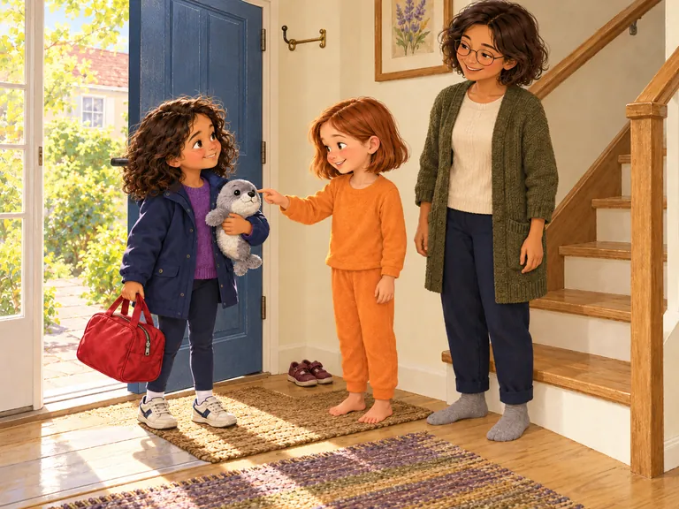 Noor neemt met haar rode tas en Zeehond afscheid in de deuropening. Mila draagt nog haar oranje pyjama.