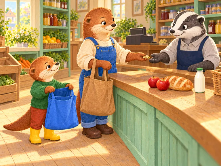 Op de toonbank liggen twee appels en een brood. Ernaast staat de melkfles. Ot houdt zijn tas open.