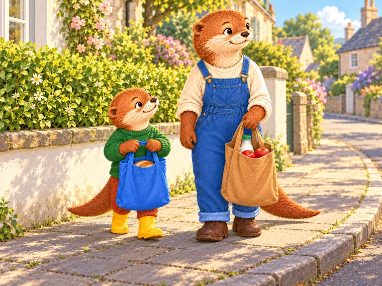 Mama en Ot wachten naast elkaar op de stoep. Ot houdt de blauwe tas voor zich.