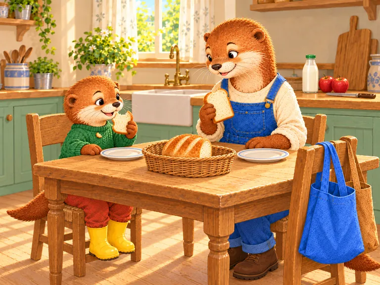 Ot en Mama eten een boterham. Een kruimel ligt op Ots groene trui.