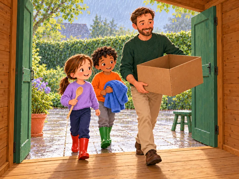 Papa draagt de lege doos de schuur in. Saar heeft de houten lepel en Ilias het blauwe badlaken.