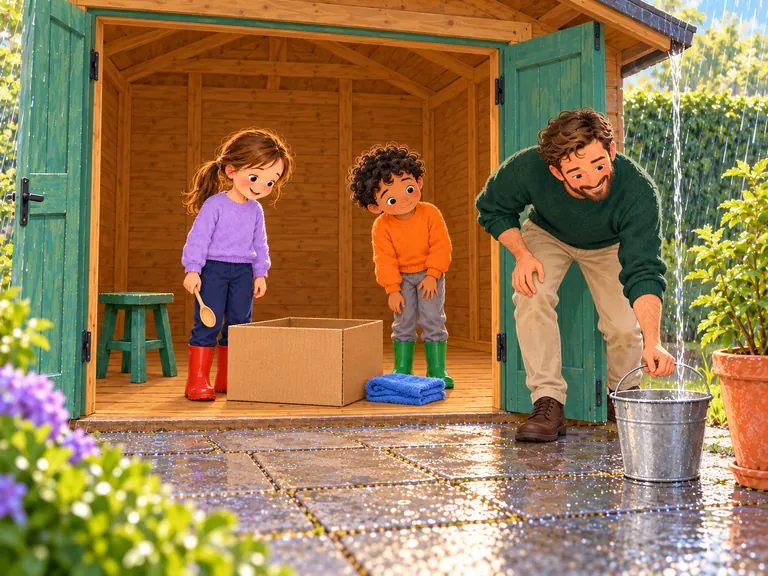 Papa zet buiten een metalen emmer onder water van het schuurdak. Binnen tikt Ilias op zijn knie.