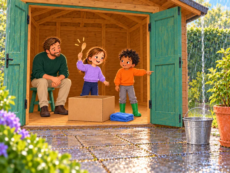 Saar houdt haar houten lepel weer omhoog. Ilias wijst naar de regen buiten de open schuur.