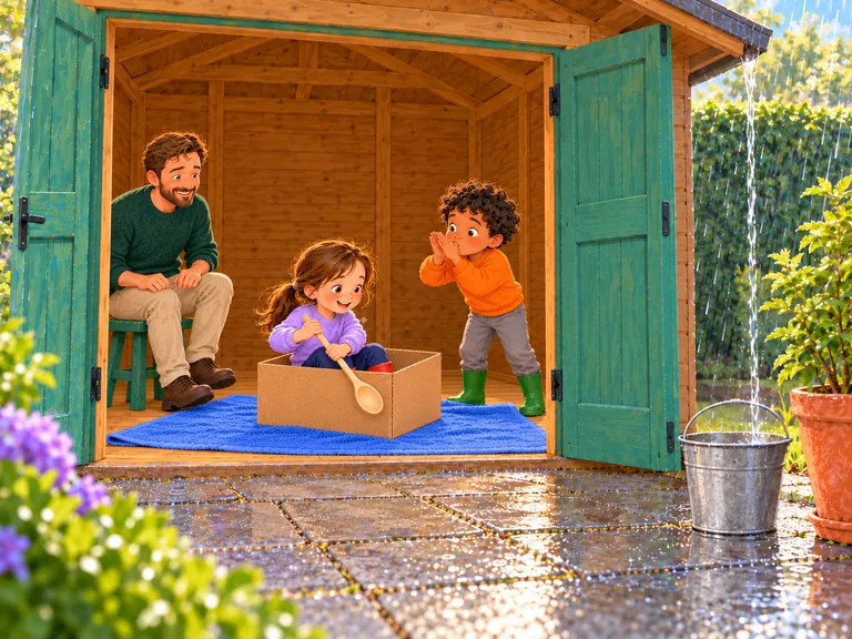 Saar roeit met haar lepel vanuit de doos. Ilias maakt windgeluid met zijn handen bij zijn mond. Papa kijkt toe.