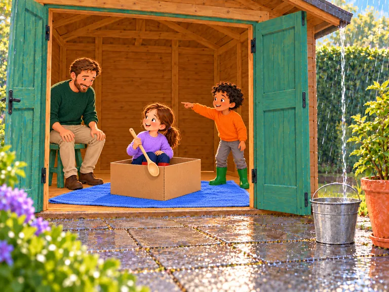 Ilias wijst naar Papa op de groene kruk. Saar kijkt vanuit haar doos dezelfde kant op.