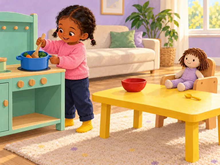Fien roert met de houten lepel tussen de drie speelgoedgroenten. Pop wacht aan tafel.
