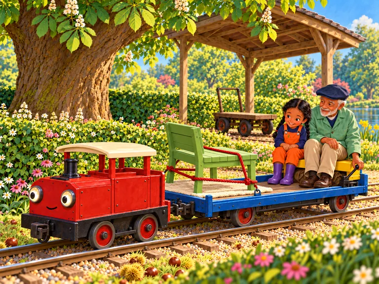 Puck en Opa zitten achterin de wagen. Voorin staat het groene bankje stevig vast met twee rode touwen.