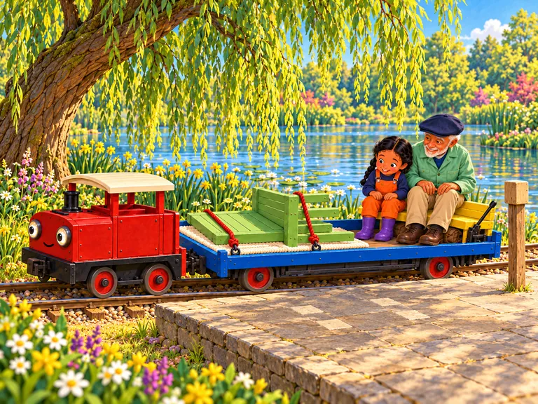 De trein staat bij de Wilgenhalte. Onder de grote wilg is nog een lege plek voor het bankje.