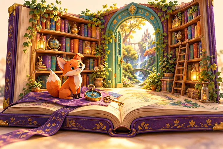 Een magische bibliotheek groeit uit een open boek. Een papieren vos zit voor een deur naar het bos.